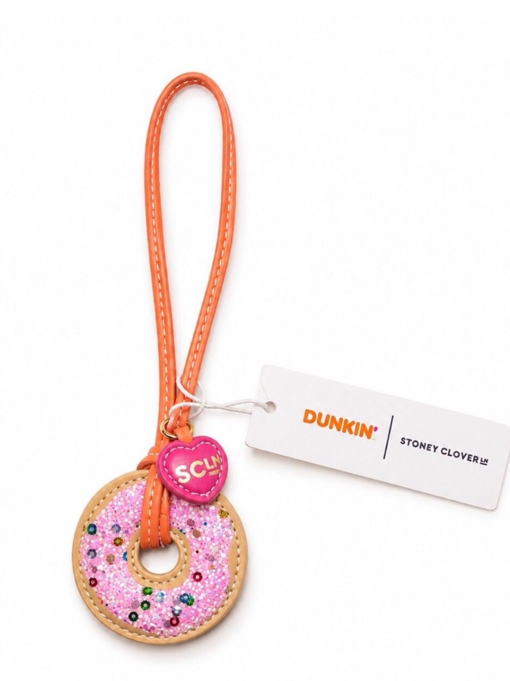 Stoney Clover Lane Pink Sequin Donut Charm Wristlet with Orange Strap